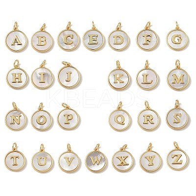 Brass Pave Natural Shell Flat Round with Letter A~Z Charms KK-Z115-13G-1