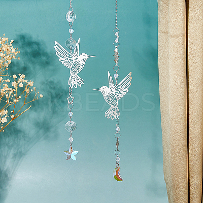 4Pcs Glass & Stainless Steel Hummingbird Hanging Suncatchers HJEW-FH00199-1