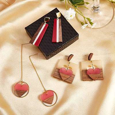 3 Pairs 3 Style Heart & Trapezoid & Square Resin & Walnut Wood Dangle Stud Earring EJEW-SW00014-01-1