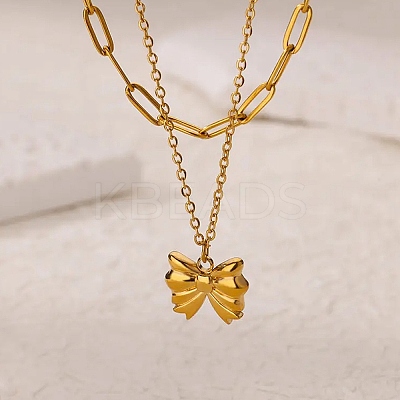 304 Stainless Steel Bowknot Pendant Necklaces LS-NJEW-L182-001G-06-1