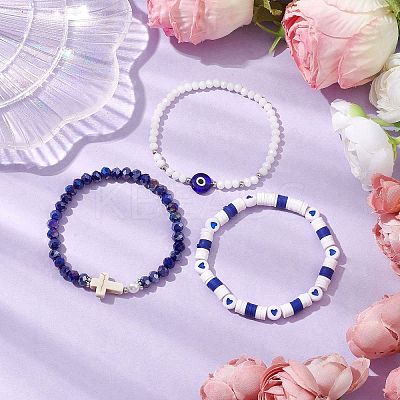 3Pcs Religion Polymer Clay & Glass & Synthetic Turquoise Beaded Stretch Bracelets Kit BJEW-JB10675-02-1