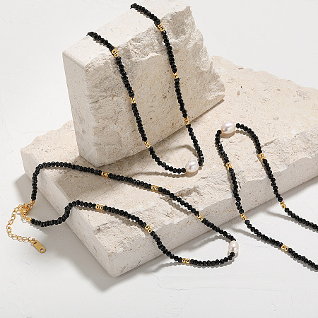 Natural Black Spinel Faceted Rondelle and Freshwater Pearl Beaded Necklaces AF5401-1
