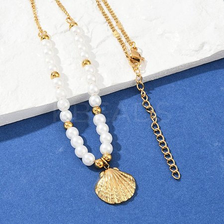 304 Stainless Steel Sea Animal Pendant Plastic Imitation Pearl Beaded Necklaces for Women NJEW-U048-02B-G-1