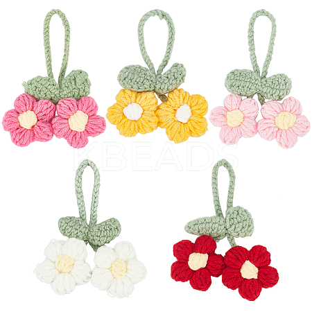 5Pcs 5 Colors Crochet Puff Flower Pendant Decorations with Adjustable Leaf DIY-FG0004-12-1
