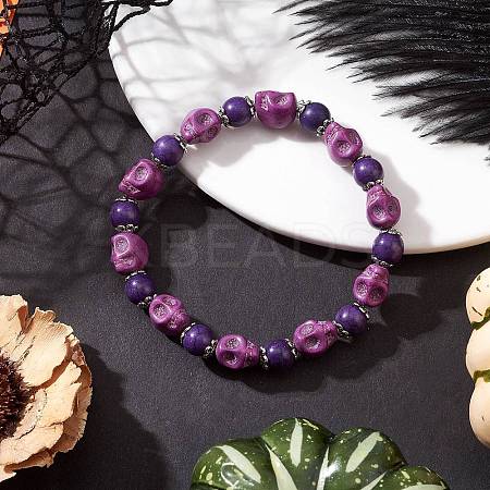 Halloween Dyed Synthetic Turquoise Skull & Round Beaded Stretch Bracelets for Men Women BJEW-JB12255-03-1