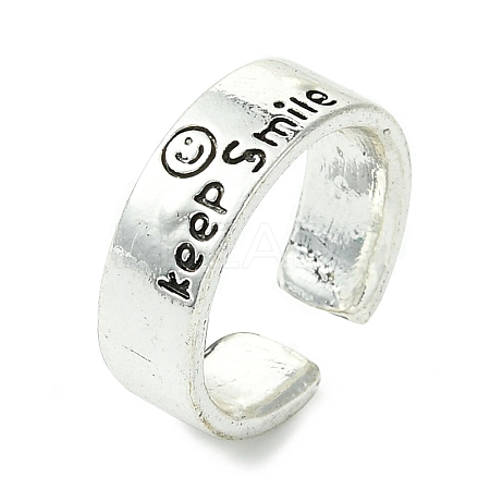 Word Keep Smile Alloy Open Cuff Ring RJEW-K275-10AS-1