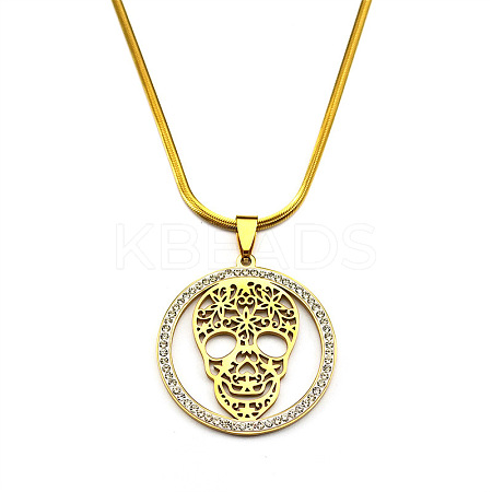201 Stainless Steel Hollow Skull Pendant Necklaces NJEW-S007-25G-1