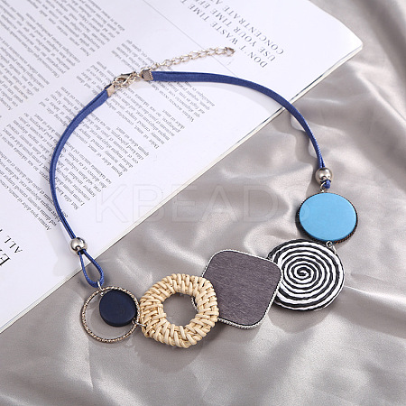 Bohemian Style Alloy and Raffia Geometric Pendant PU Leather Cord Bib Necklaces FS-WG7F958-02-1