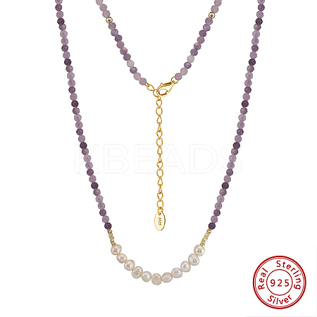 Round Natural Lepidolite & Natural Freshwater Pearl & 925 Sterling Silver Beaded Necklaces for Women NJEW-G154-01G-1