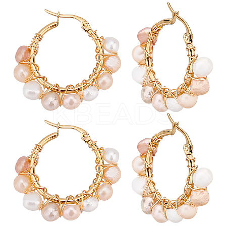 4 Pairs Vintage Natural Pearl Braided Hoop Earrings for Girl Women EJEW-UN0002-07-1