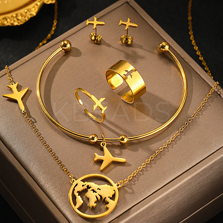Airplane & Earth 201 Stainless Steel Pendant Necklace & Stud Earring & Cuff Ring & Cuff Bangle Sets FS-WG54043-01-1