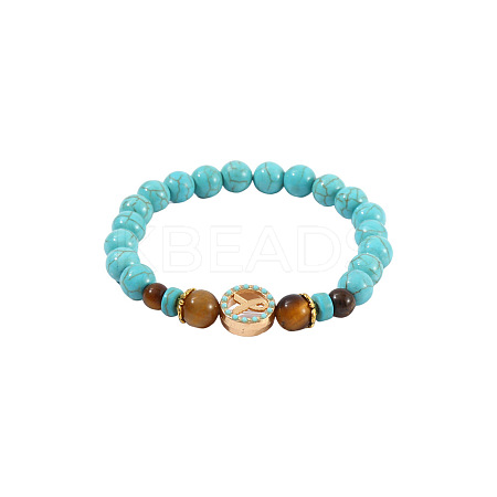 Synthetic Turquoise & Natural Tiger Eye Beaded Stretch Bracelets FS-WGB9D7B-04-1