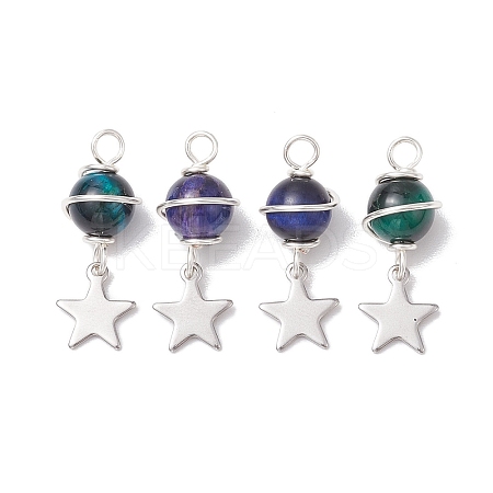 4Pcs 4 Colors Natural Tiger Eye(Dyed & Heated) Round Pendants PALLOY-TA00143-1