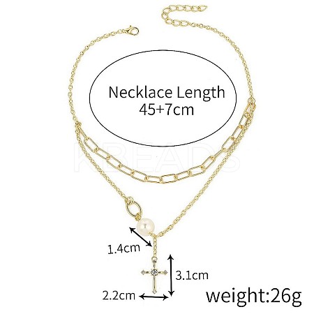Alloy & Round Imitation Pearl Cross Pendant Double Layer Necklaces for Women FS-WGA4DD0-06-1