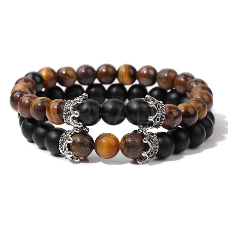 2Pcs 2 Styles Natural Tiger Eye & Black Obsidian Beads Stretch Bracelet Set for Women Men MO5189-1-1