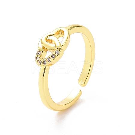 Clear Cubic Zirconia Interlocking Heart Open Cuff Ring RJEW-H127-08G-1