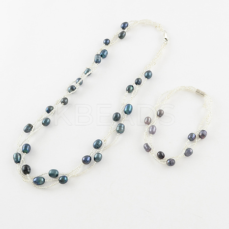Pearl Jewelry Sets: Bracelets and Necklaces SJEW-R043-06-1
