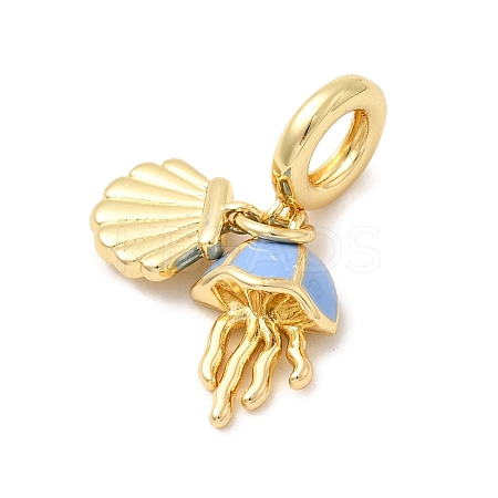 Brass Cornflower Blue Enamel European Dangle Charms KK-C138-03G-1