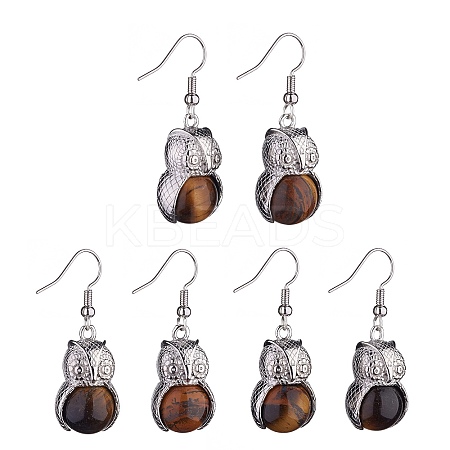 Natural Tiger Eye Owl Dangle Earrings EJEW-A092-08P-12-1