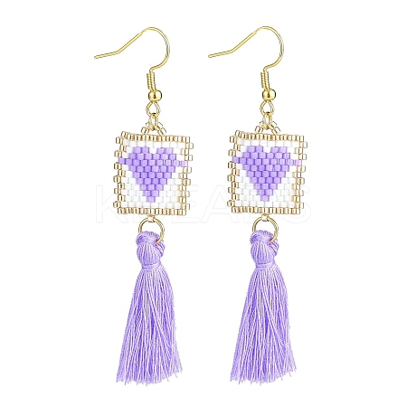 Glass Rectangle with Tassel Dangle Earrings EJEW-MZ00065-1