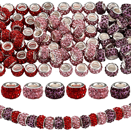 120Pcs 3 Colors Polymer Clay Rhinestone European Large Hole Beads with Silver Color Plated Brass Cores FPDL-LT0001-01B-1