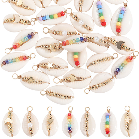 28Pcs 7 Styles Natural Cowrie Shell Copper Wire Wrapped Pendants FIND-SC0015-50-1