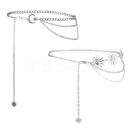 2Pcs 2 Styles Moon Sun Alloy Link Waist Body Chains AJEW-UN0002-20P-1