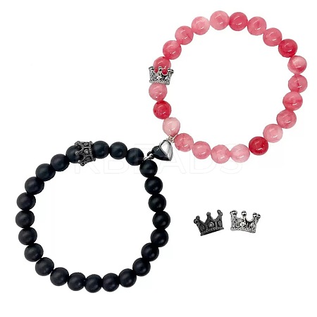 2Pcs Matching Natural Black Matte Stone & Strawberry Quartz Round Beads Stretch Bracelets PT6851-4-1