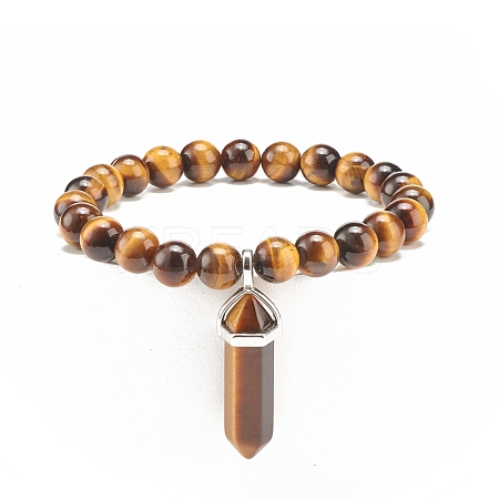 Natural Tiger Eye Round Beaded Stretch Bracelet with Bullet Shape Charm BJEW-JB08310-02-1