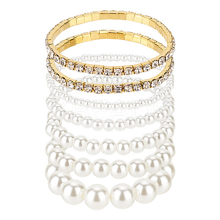 7Pcs 7 Styles Plastic Imitation Pearl Round Beaded Stretch Bracelets Set BJEW-AN0001-36-1