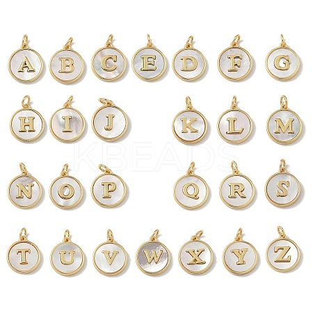 Brass Pave Natural Shell Flat Round with Letter A~Z Charms KK-Z115-13G-1