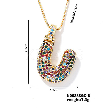Brass Pave Colorful Cubic Zirconia Letter Pendant Box Chain Necklaces NU0575-21-1
