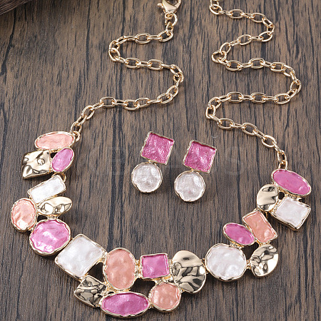 Flat Round & Oval & Square Zinc Alloy Enamel Pendant Necklaces & Stud Earrings Sets WG42338-07-1