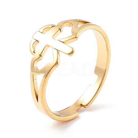 Double Heart with Cross 304 Stainless Steel Adjustable Ring for Women LS-RJEW-B035-06G-1