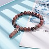 Natural Rhodonite Round Beaded Stretch Bracelet with Bullet Shape Charm BJEW-JB08310-01-2