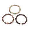 3Pcs Natural African Padauk Wood & Sandalwood & Wood & Striped Agate & Green Aventurine & Quartz Crystal Round Beaded Stretch Bracelets for Women BJEW-JB11929-2