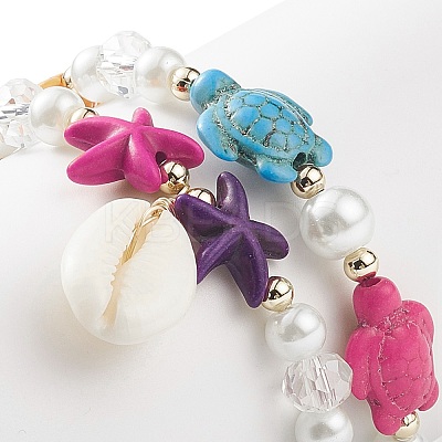 2Pcs 2 Style Starfish & Tortoise Synthetic Turquoise(Dyed) & Glass Pearl Beaded Stretch Bracelets Set BJEW-JB08994-1