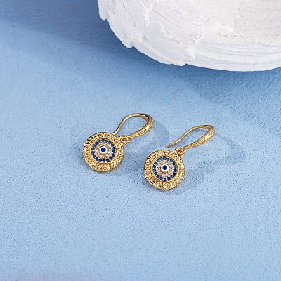 Cubic Zirconia Flat Round with Evil Eye Dangle Earrings EJEW-SW00011-03-1