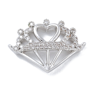 Rack Plating Brass Micro Pave Clear Cubic Zirconia Heart Crown Connector Charms KK-A234-060P-1