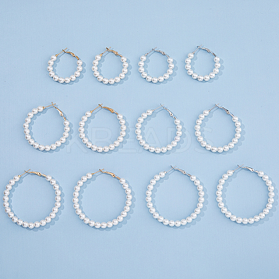 6 Pairs 6 Style Plastic Imitation Pearl Beaded Hoop Earrings with Iron Pins for Women EJEW-FI0002-10-1