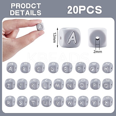 20Pcs Grey Cube Letter Silicone Beads 12x12x12mm Square Dice Alphabet Beads with 2mm Hole Spacer Loose Letter Beads for Bracelet Necklace Jewelry Making JX436S-1