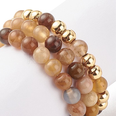 3Pcs 3 Style Natural Gemstone & Brass Beaded Finger Rings with 304 Stainless Steel Heart Charms for Women RJEW-JR00470-1