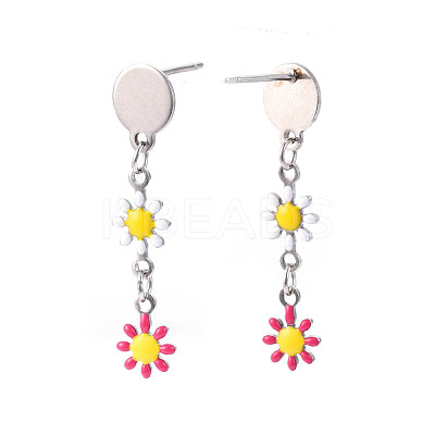 Flower Enamel Long Dangle Stud Earrings EJEW-N049-02A-1
