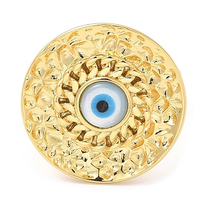 Rack Plating Brass Flat Round Open Cuff Rings with Shell Evil Eye  RJEW-D008-05G-1