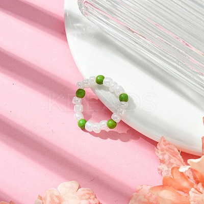 Round Synthetic Turquoise with Glass Seeded Beaded Stretch Rings for Women RJEW-JR00707-01-1