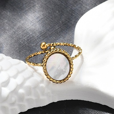Oval 304 Stainless Steel White Shell Cuff Rings for Women RJEW-G346-07G-02-1