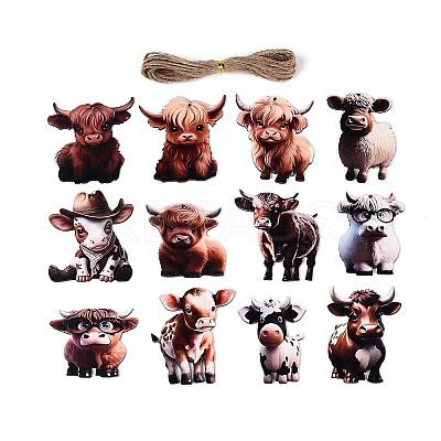 12Pcs UV Single Face Printed Wood Cattle Pendant Decorations WOOD-N020-05-1