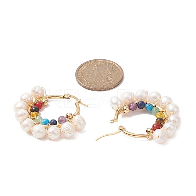 Natural & Synthetic Mixed Gemstone & Pearl Beaded Hoop Earrings EJEW-JE05233-1