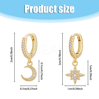 3 Pair 3 Style Clear Cubic Zirconia Moon & Star Dangle Hoop Earrings EJEW-FI0001-39-1