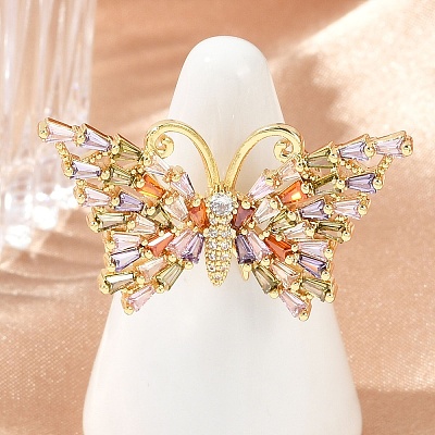 Butterfly Brass Micro Pave Colorful Cubic Zirconia Finger Rings for Women RJEW-G343-30G-01-1
